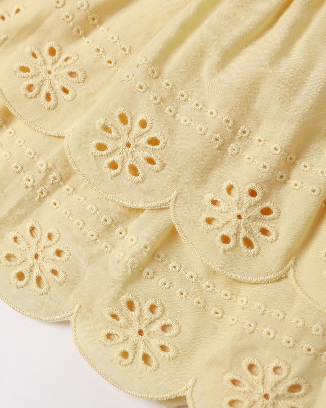 Close-up of yellow fabric with floral eyelet embroidery on a white background