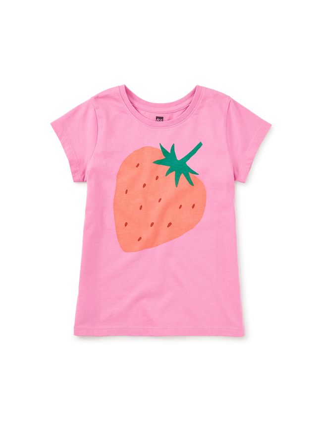 Pink t-shirt with a strawberry graphic on a white background