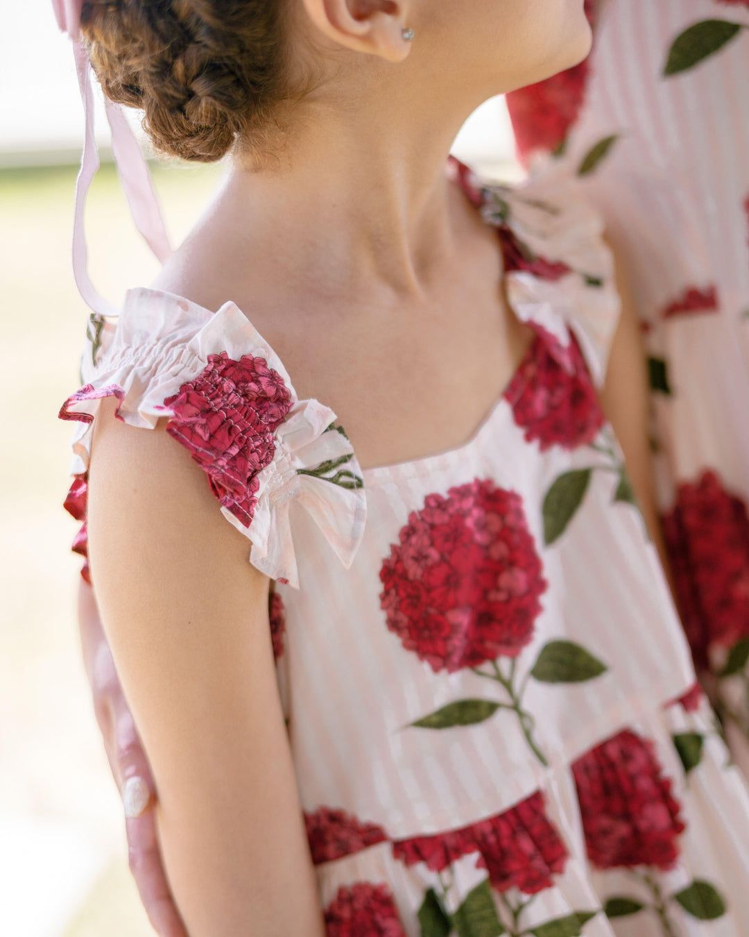close up of the detail on the sleeve and pattern in the striped ground with big deep pink hydrengeas. 