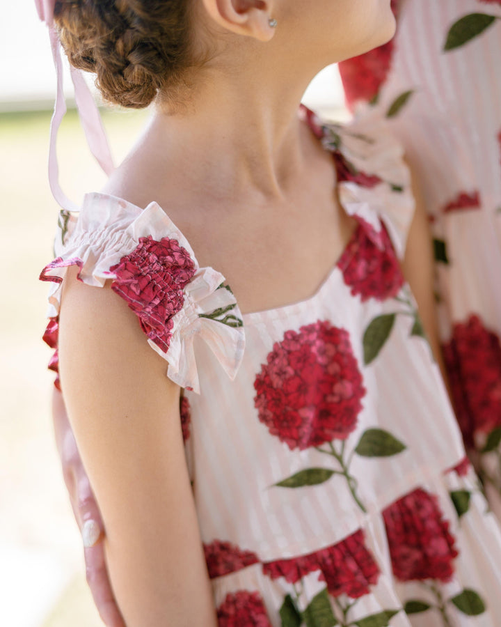close up of the detail on the sleeve and pattern in the striped ground with big deep pink hydrengeas. 