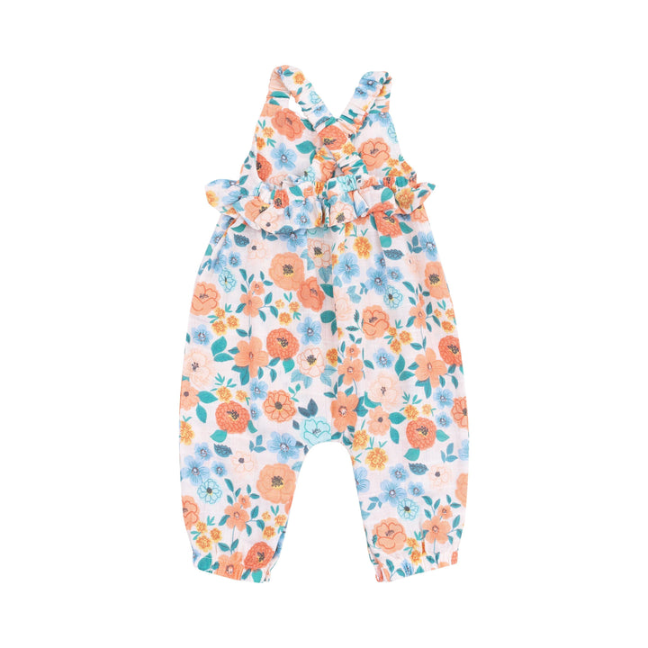 baby girl outfit ruffle waist romper with floral print in oranges, teal and blue flowers. criss cross straps in the back. 