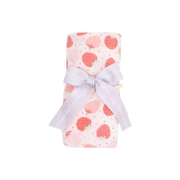 baby swaddle with red, pink and light pink strawberries on it. rolled and tied with a bow- this is how it is sold to a customer. 