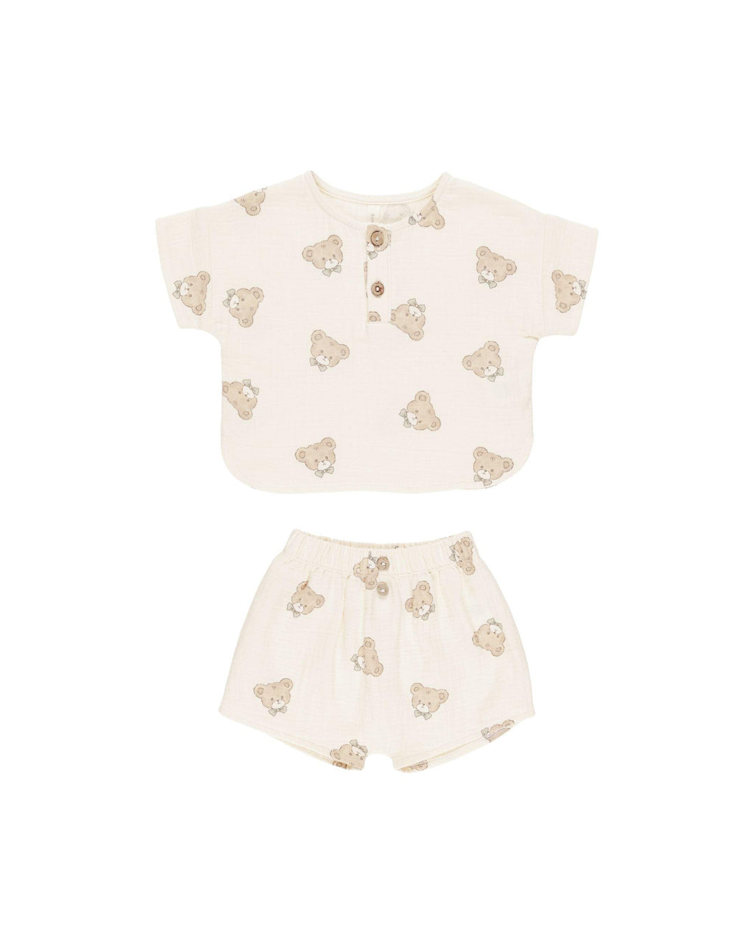 beige teddy bear set, woven short sleeve top and pair of shorts 