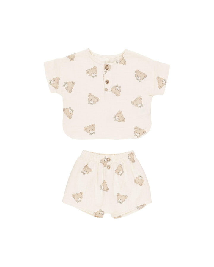 beige teddy bear set, woven short sleeve top and pair of shorts 