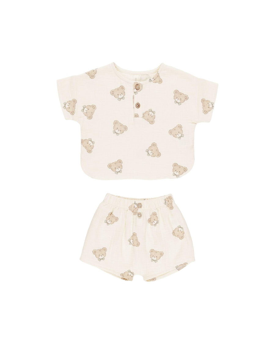 beige teddy bear set, woven short sleeve top and pair of shorts 