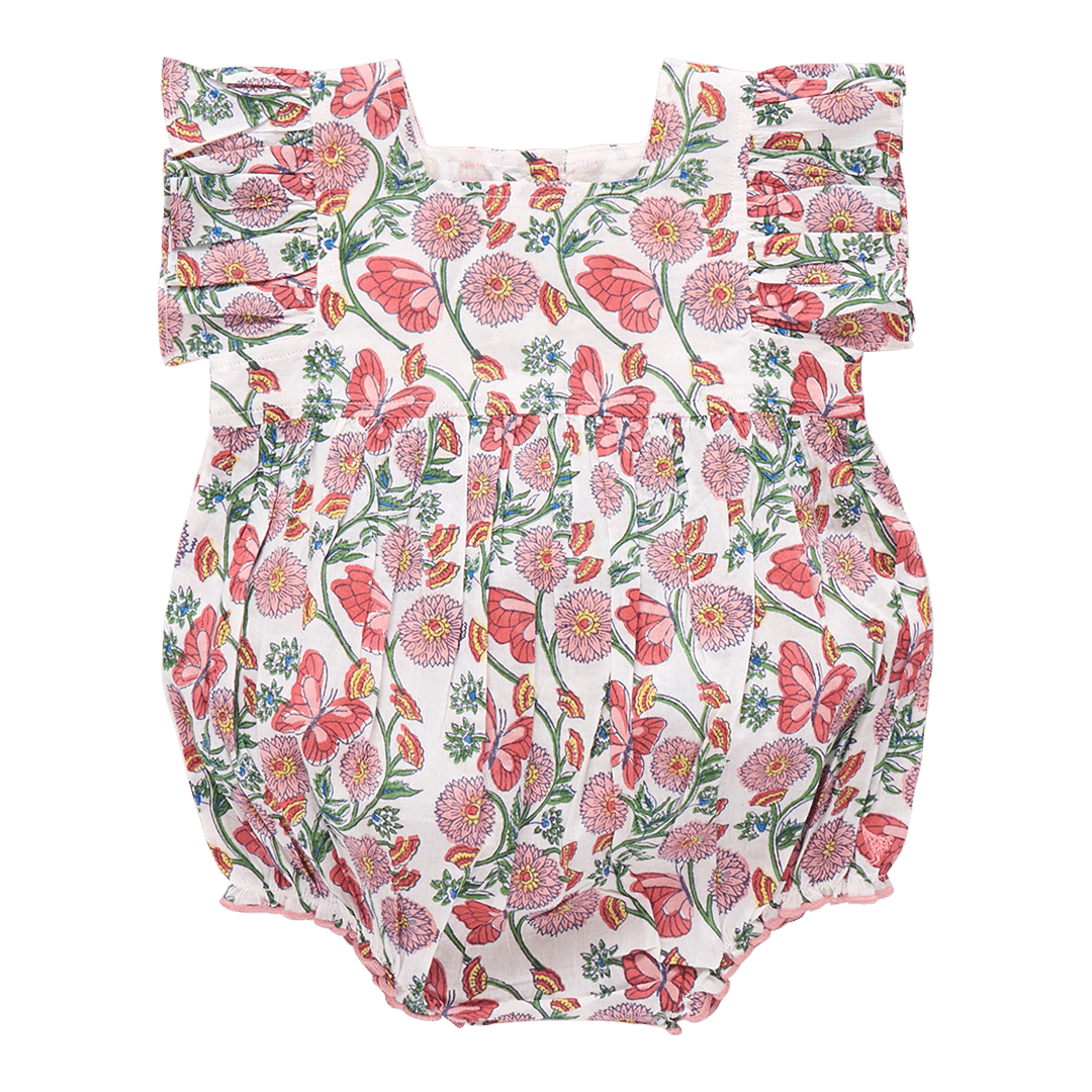 baby girl bubble with pink and coral floral print, butterflies and green vines with ruffles at the sleeves and snaps at the bottom for easy changes. 