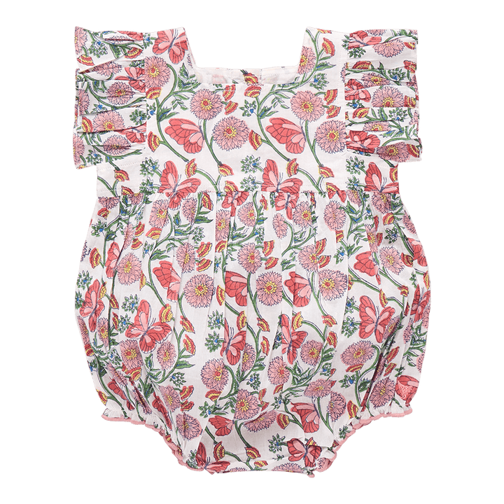 baby girl bubble with pink and coral floral print, butterflies and green vines with ruffles at the sleeves and snaps at the bottom for easy changes. 