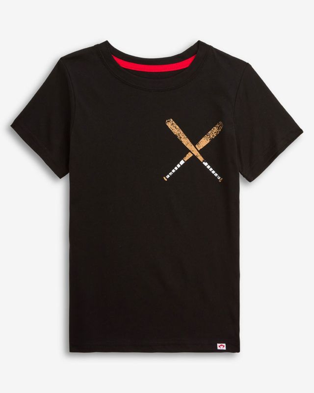 Black t-shirt with crossed baseball bat and glove graphic on a white background