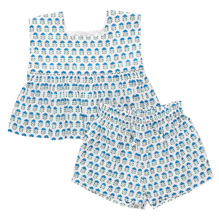 two piece girls set, white with tiny blue bohemian flowers and little green stems. top and shorts with elastic waist. 