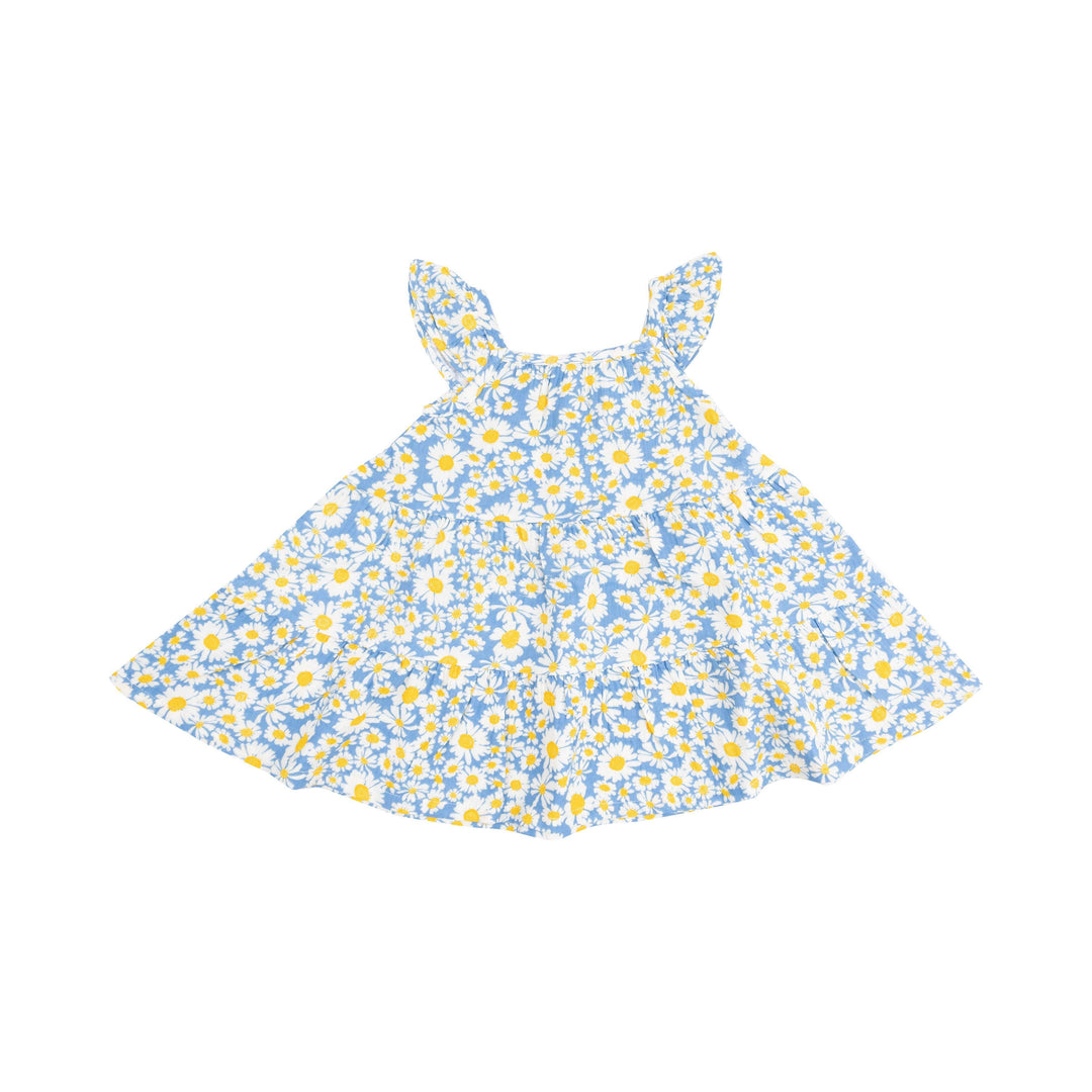 a -line dress with big ruffle at the bottom of the dress, slight ruffle at the sleeves. blue dress with daisies all over the dress. 