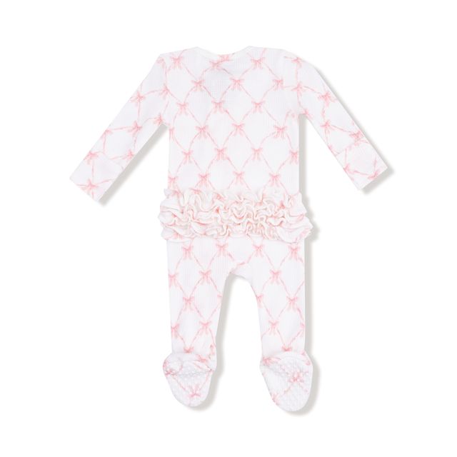 baby onesie with pink trellis design and coquette bows all over the onesie, ruffle design on bum. 