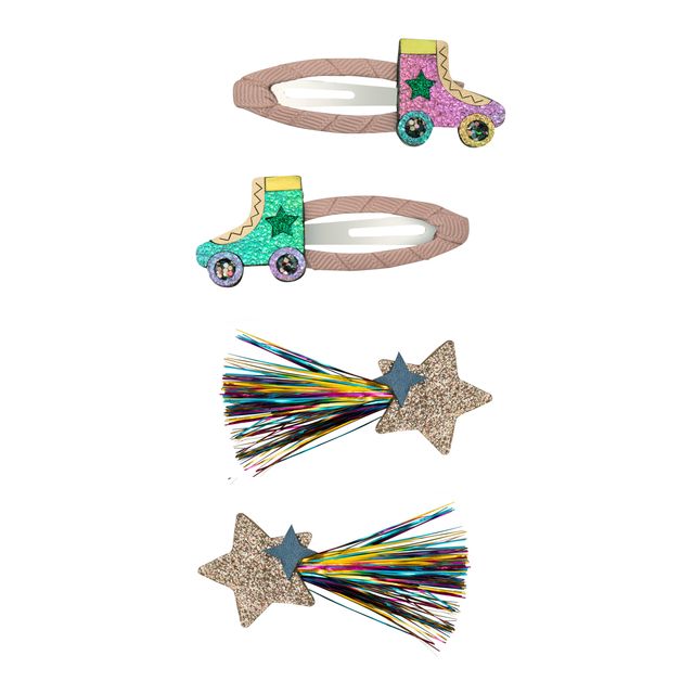 Colorful hair accessories including a rollerskate-shaped clip and star-shaped clips with tassels on a white background.
