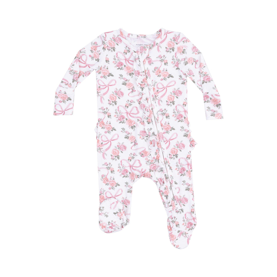 baby girl footie with white background, pink roses and pink ribbons 