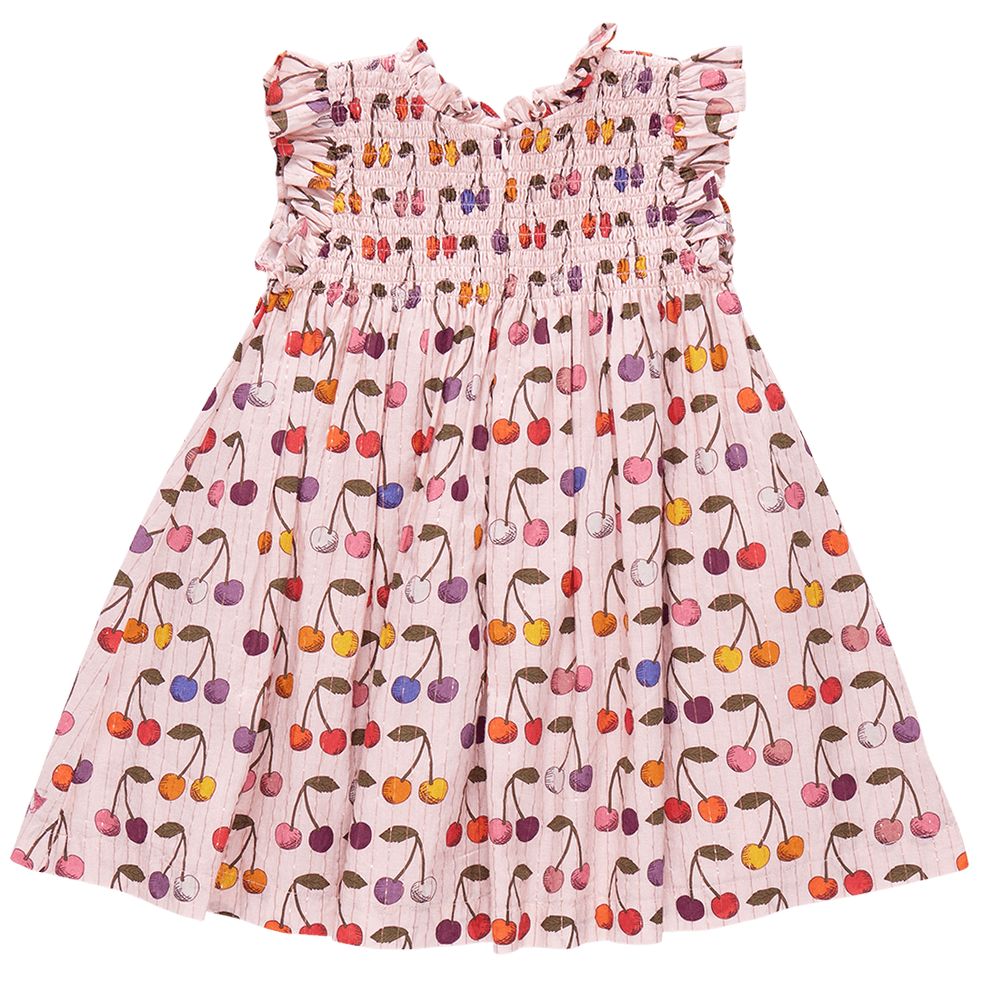 Back of pink dress with multi colored cherries on it. this dress has an invisible zipper in the back. 