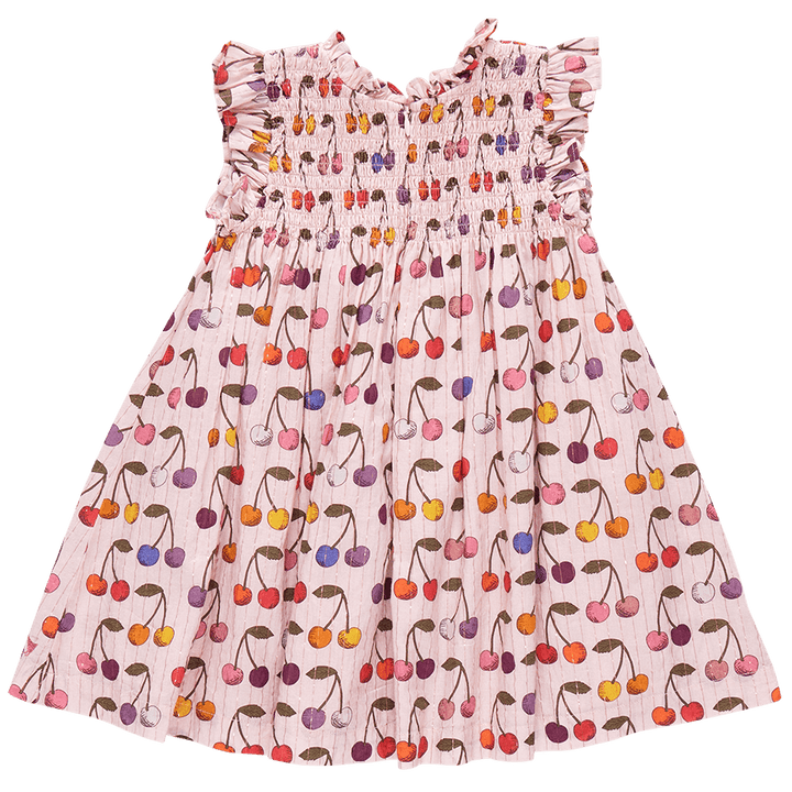 Back of pink dress with multi colored cherries on it. this dress has an invisible zipper in the back. 