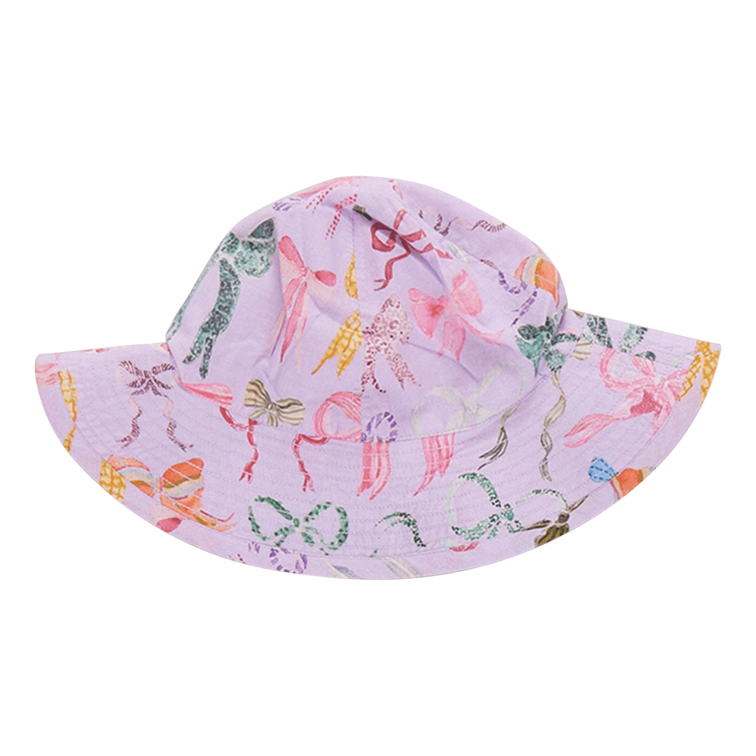 lavender sun hat for baby girl with multi colored bows - pink, green, yellow and orange
