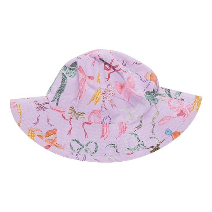 lavender sun hat for baby girl with multi colored bows - pink, green, yellow and orange