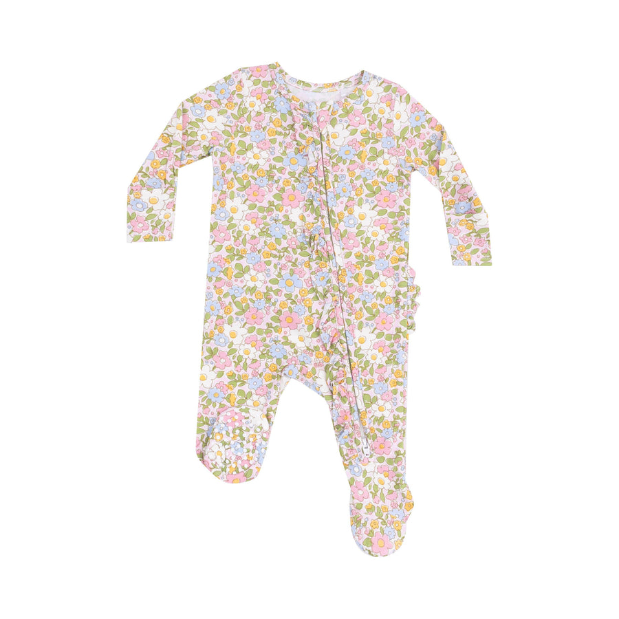 baby footie with multi colored floral print: white, pink, yellow, blue and green. a happy almost retro floral.