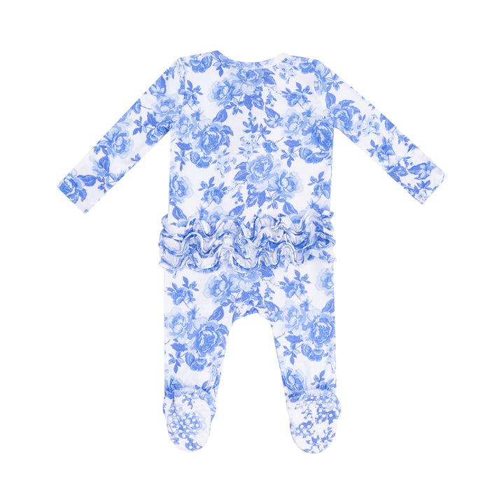 baby girl footie white with blue cabbage roses all over and ruffles on the bum. 
