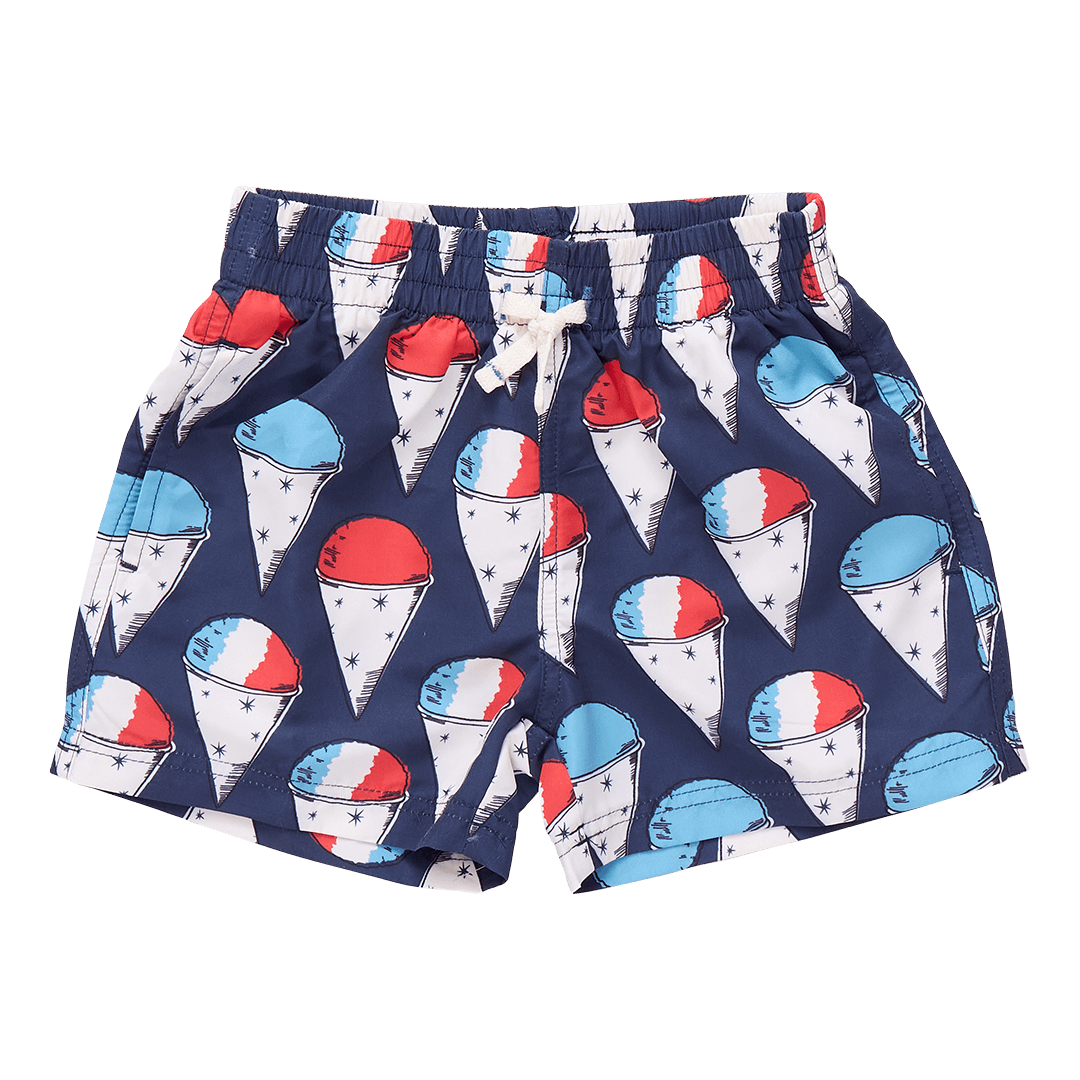 boys swim trunks , navy ground with red, white and blue snow cones. drawstring waist. 