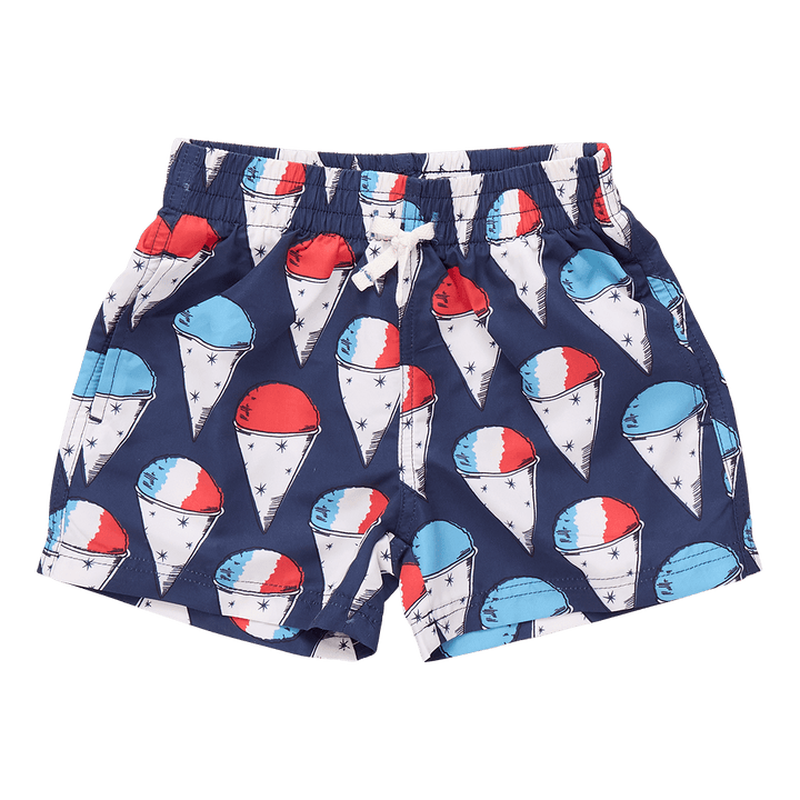 boys swim trunks , navy ground with red, white and blue snow cones. drawstring waist. 