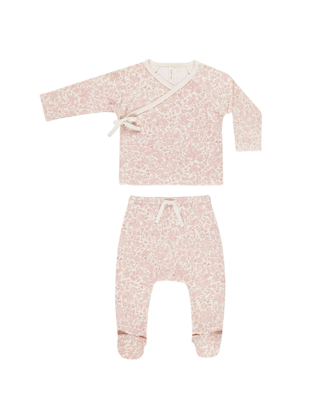 pink and beige floral wrap top and footie pants. perfect for a newborn baby