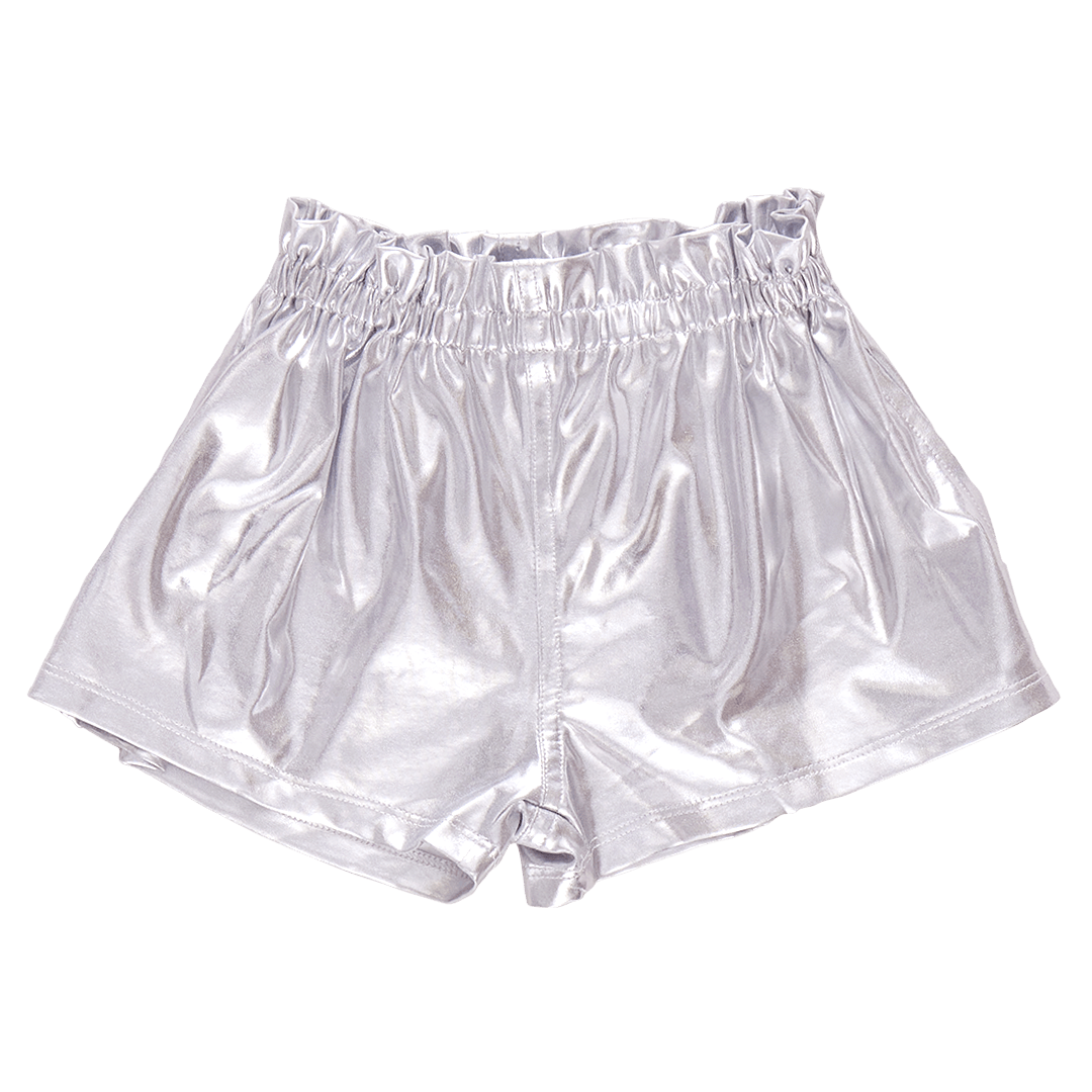 silver lame shorts with elastic waist on the shorts. 