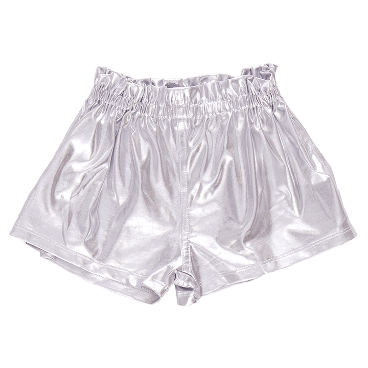 silver lame shorts with elastic waist on the shorts. 