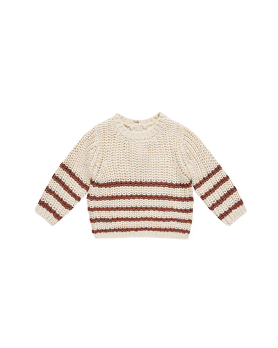 chunky knit baby sweater, beige with cranberry stripes on  the bottom. 