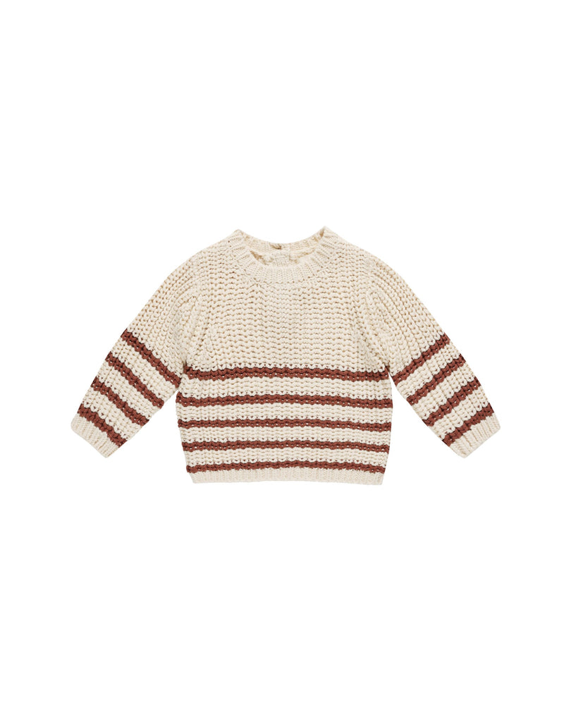 chunky knit baby sweater, beige with cranberry stripes on  the bottom. 