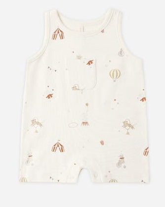 Baby romper with cartoon carnival print on a white background
