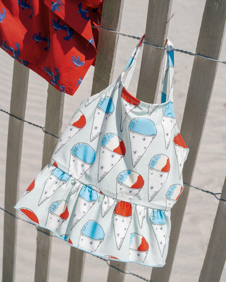 close up picture of the tankini top with snow cones on it. 