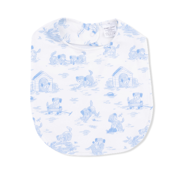 Baby bib with blue animal pattern on a white background