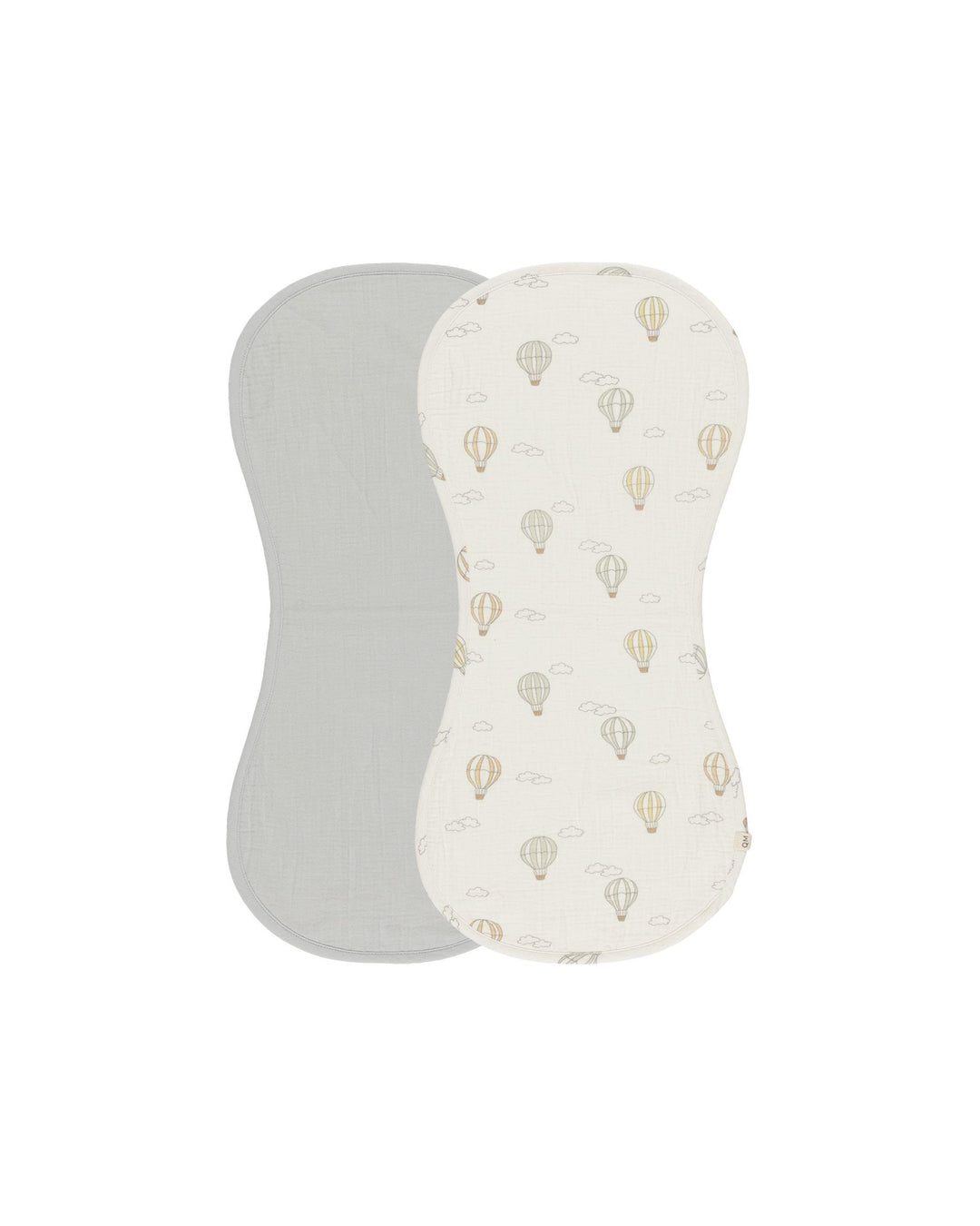 set of 2 burp cloths one plain that is a sage blue color and one that has hot air balloons printed all over the beige one.  