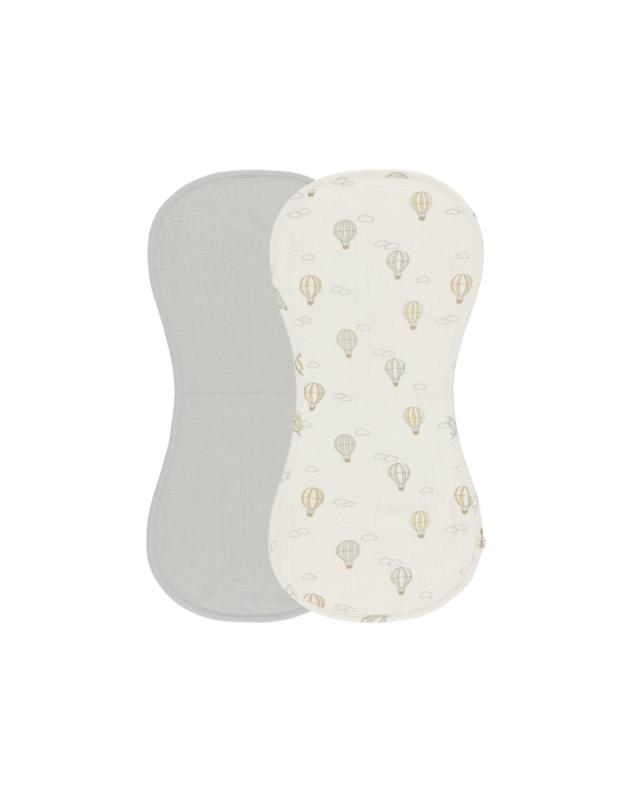 set of 2 burp cloths one plain that is a sage blue color and one that has hot air balloons printed all over the beige one.  
