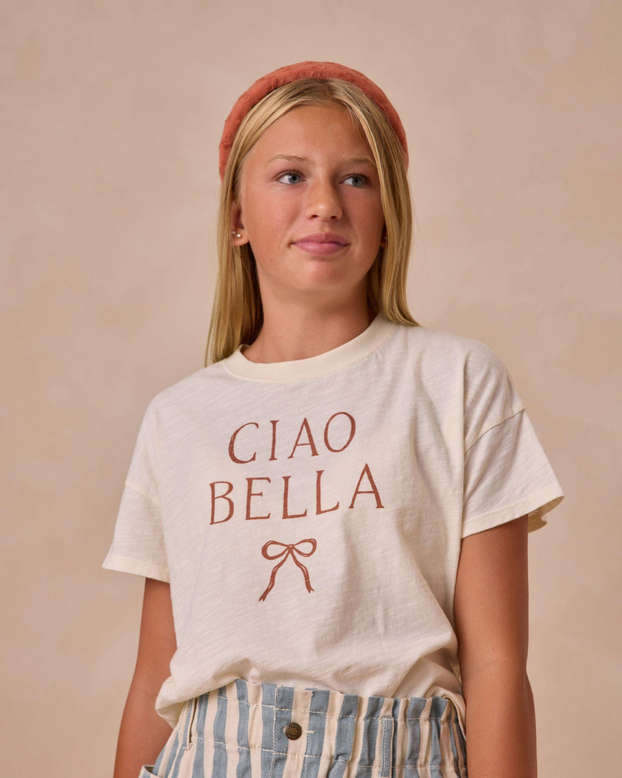 boxy fit tee with the words " Ciao Bella" written on it. 