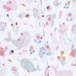 Baby onesie with sea animal and floral pattern on a white background