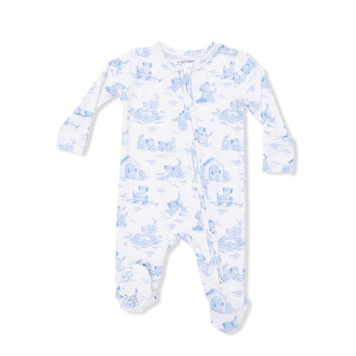 Baby onesie with blue puppy pattern on a white background