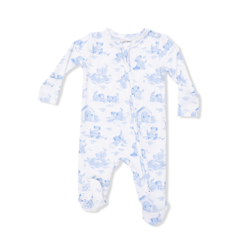 Baby onesie with blue puppy pattern on a white background