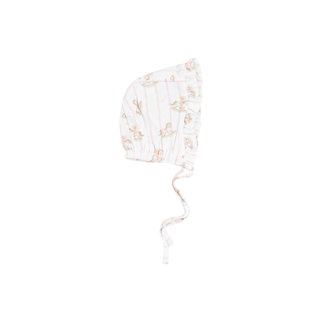 baby girl bonnet with ruffle edges and rocking horse print on the bonnet. 