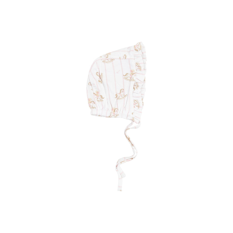 baby girl bonnet with ruffle edges and rocking horse print on the bonnet. 