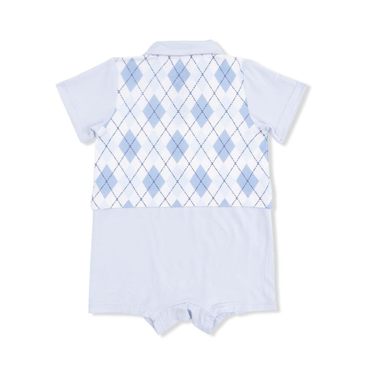 Baby romper with argyle pattern on a white background