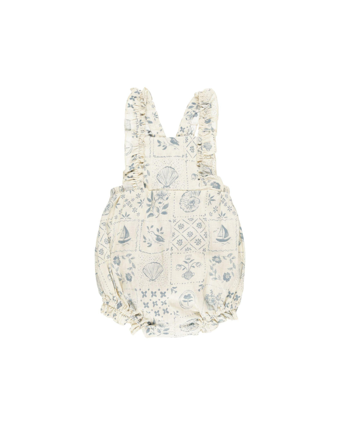 beige baby bubble with tile print in light blue. summer prints on the tile: shell, sailboats, leaves, floral pattern
