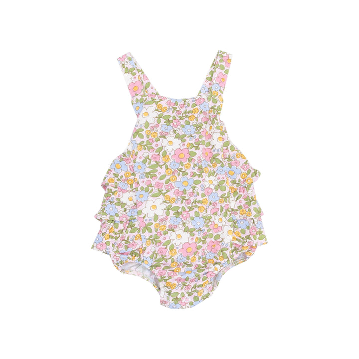 happy pastel floral sunsuit with criss cross straps and ruffles on the bum. 