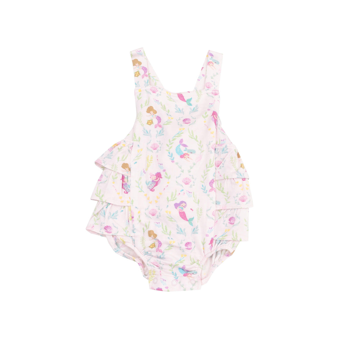 baby girl ruffle sunsuit with pastel pink and lavender design all over the bubble. 