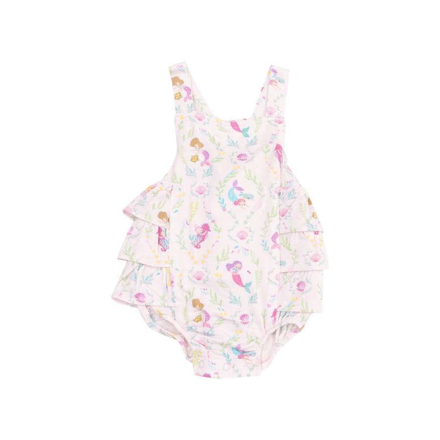 baby girl ruffle sunsuit with pastel pink and lavender design all over the bubble. 