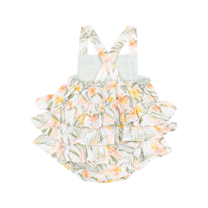 baby girl ruffle sunsuit with ruffles on the bum and criss cross straps in the back. 