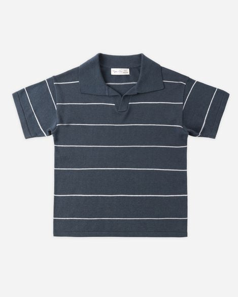 Navy striped polo shirt on a light gray background