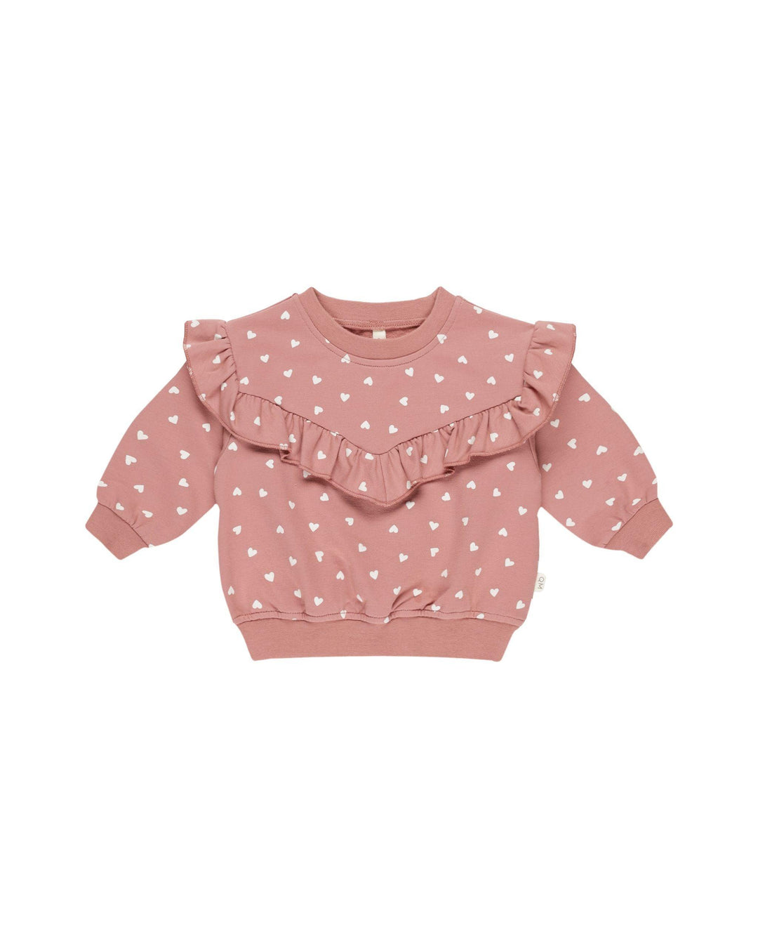pink sweatshirt with ruffle across the chest with tiny white hearts all over the sweatshirt. 