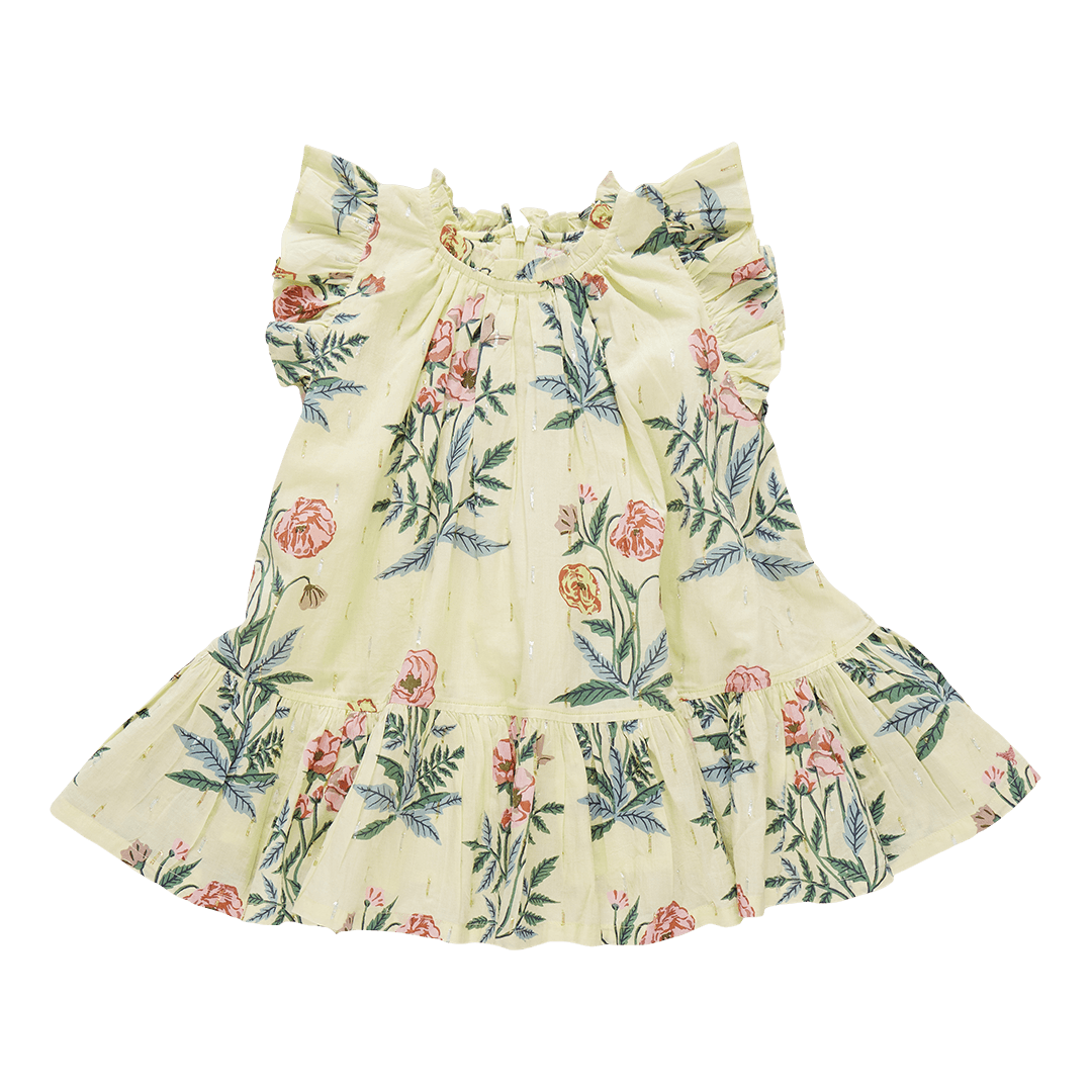pale yellow ground with a soft pastel floral print. the colors are sage green, pale yellow and pink roses. the neck is high with ruffles at the sleeve and at the bottom of the dress. 